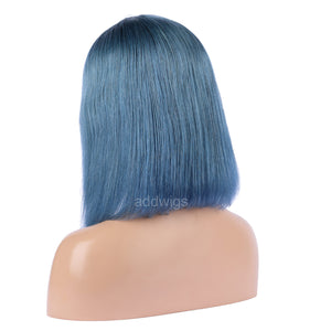 Steel Blue Human Hair Fashion Bob Wig 2021 Summer Colorful Lace Wigs